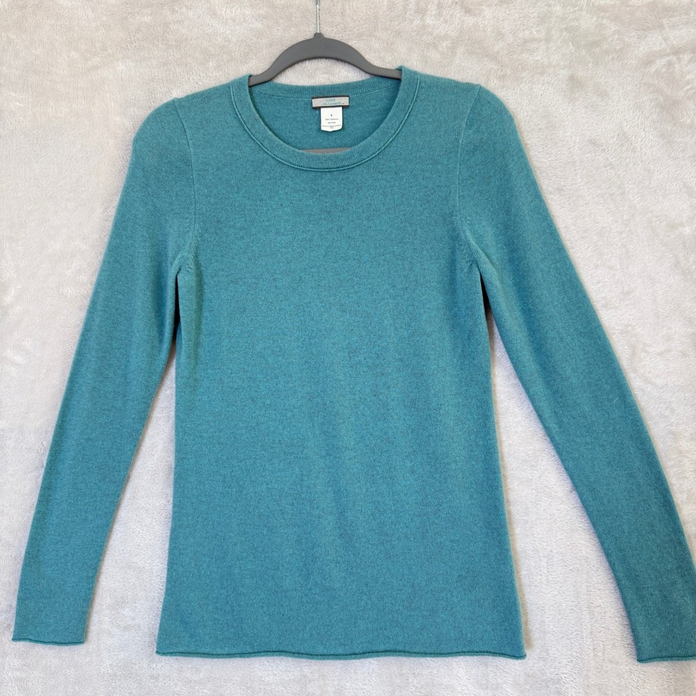 J Crew 100% Cashmere Sweater Womens S Teal Crew Neck Quiet Luxury Knit Old Money